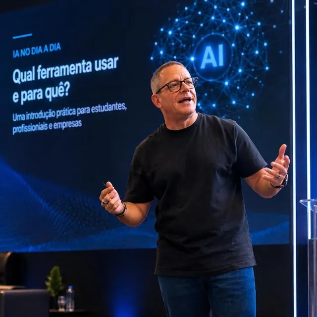 Murilo Souto em palco, apresentando sobre IA no dia a dia para estudantes, profissionais e empresas